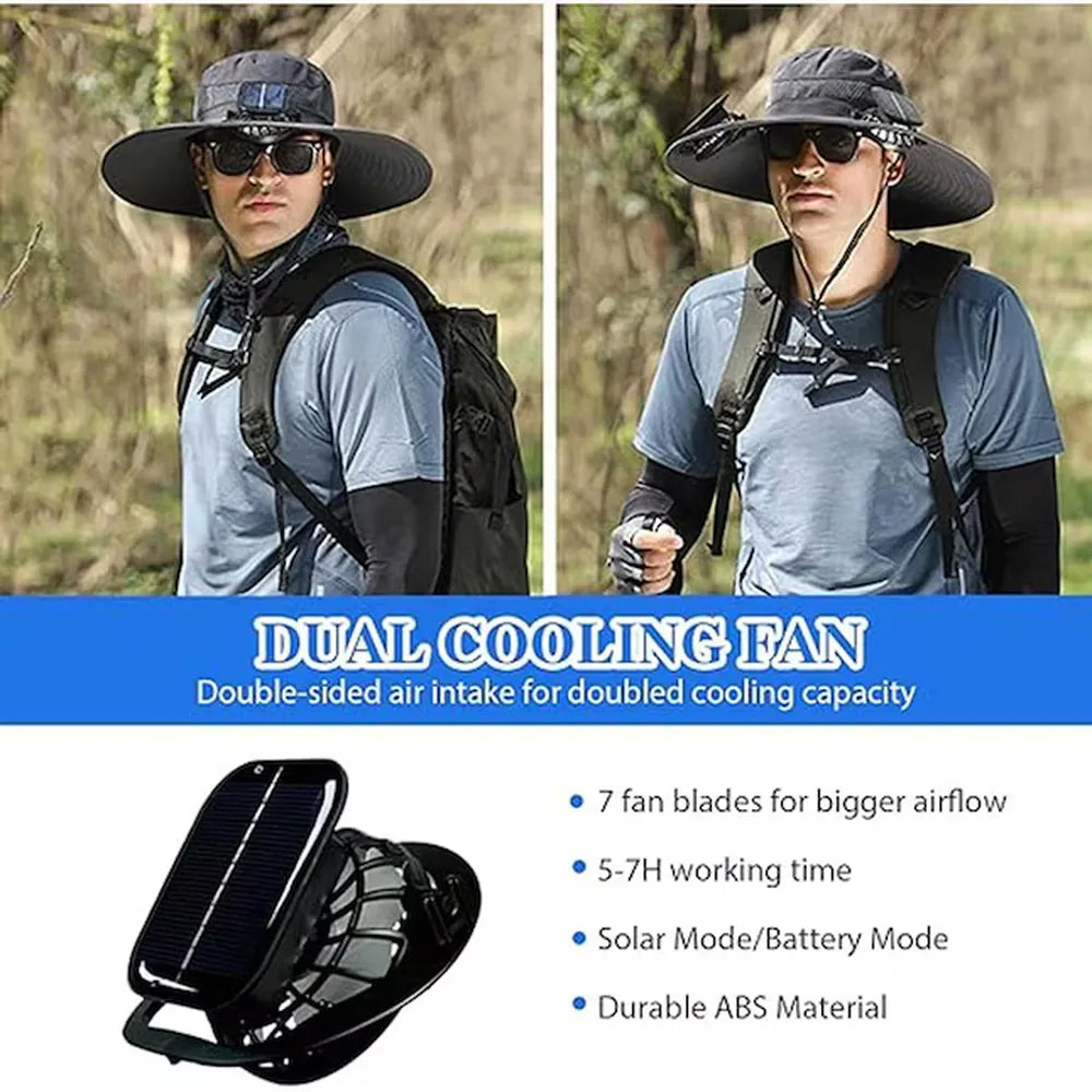 Solar Fan Hat Wide Brim Sun Hat with 2 Solar Fans Built in Fishing Hat, Waterproof & Outdoor Hiking Camping Hat Grey