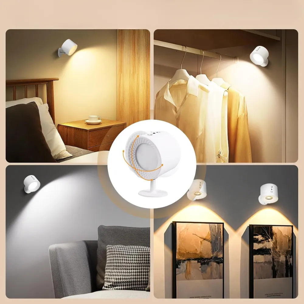 Rechargeable LED Indoor Wall Light, Wireless No-Drill Touch Control Lamps with 5 Brightness Levels, 3 Color Modes & 360° Rotation