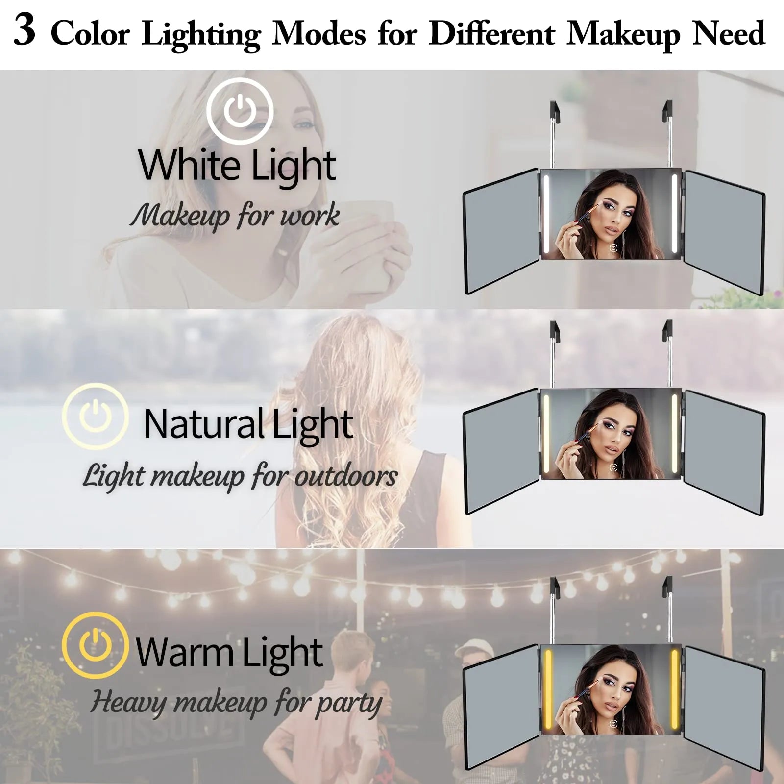 Cosmetic 3 Way Trifold Mirror 360° LED Lights USB Rechargeable & Adjustable-7