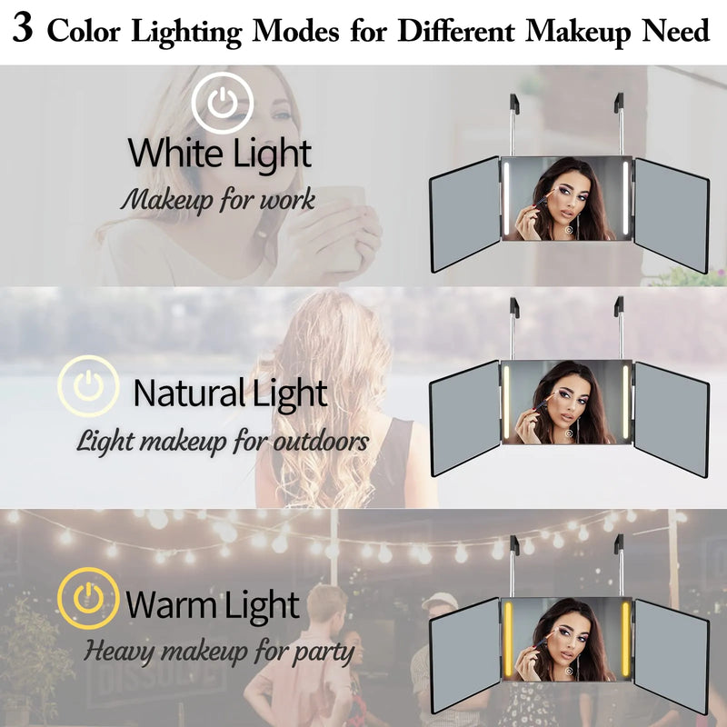 Cosmetic 3 Way Trifold Mirror 360° LED Lights USB Rechargeable & Adjustable-7