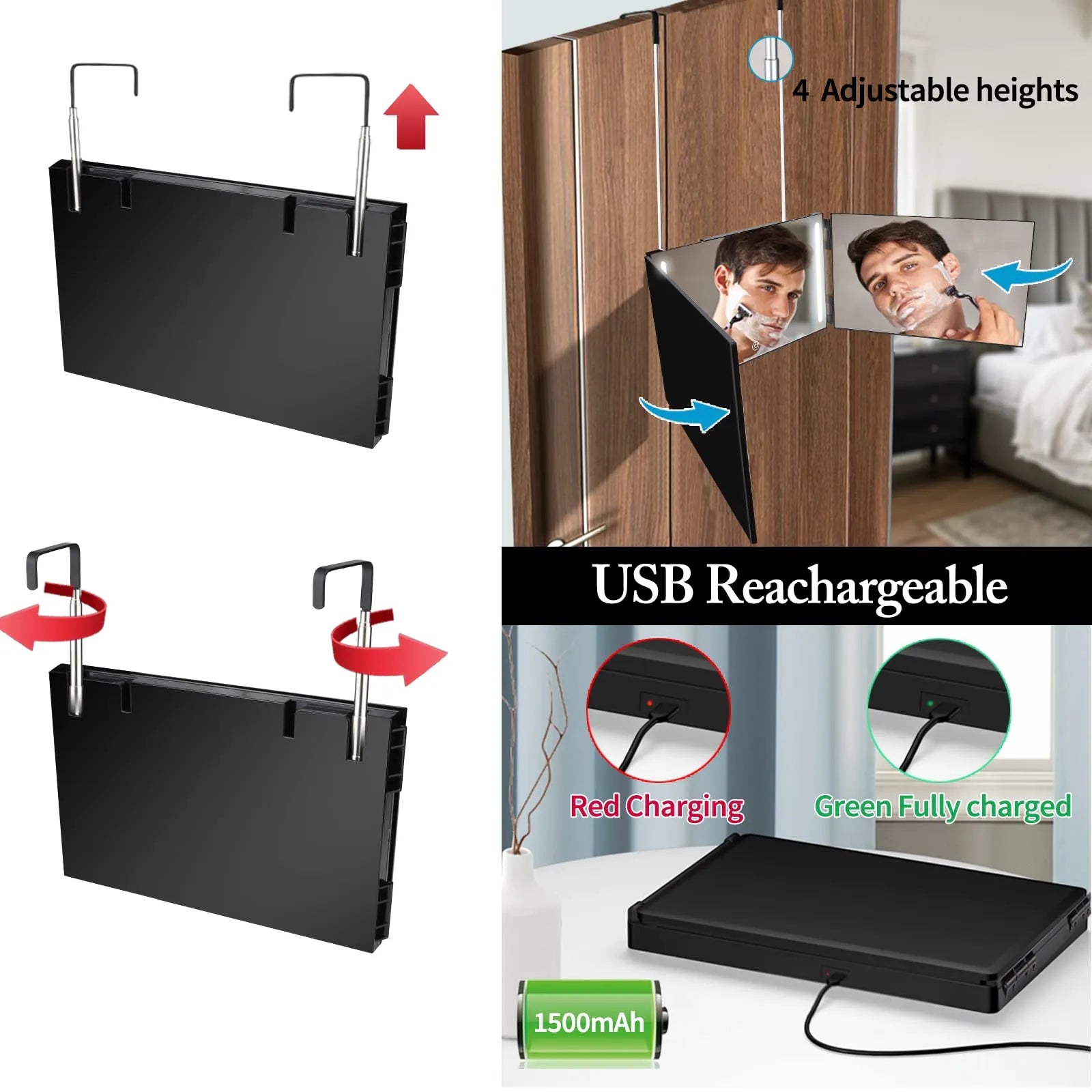 Cosmetic 3 Way Trifold Mirror 360° LED Lights USB Rechargeable & Adjustable-8