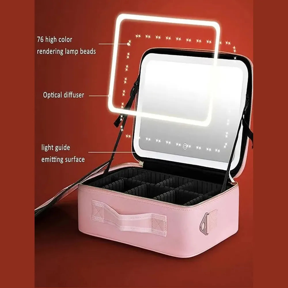 Smart LED Cosmetic Case with Mirror Travel Makeup Bag USB Rechargeable 2000mAh Battery - Pink Size 39 cm