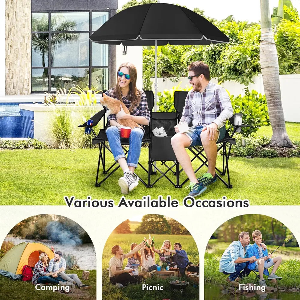 Double Folding Picnic Chairs – Portable 2-Seat Camping Chair with Adjustable Umbrella, Cooler Bag & Beverage Holders Color Black