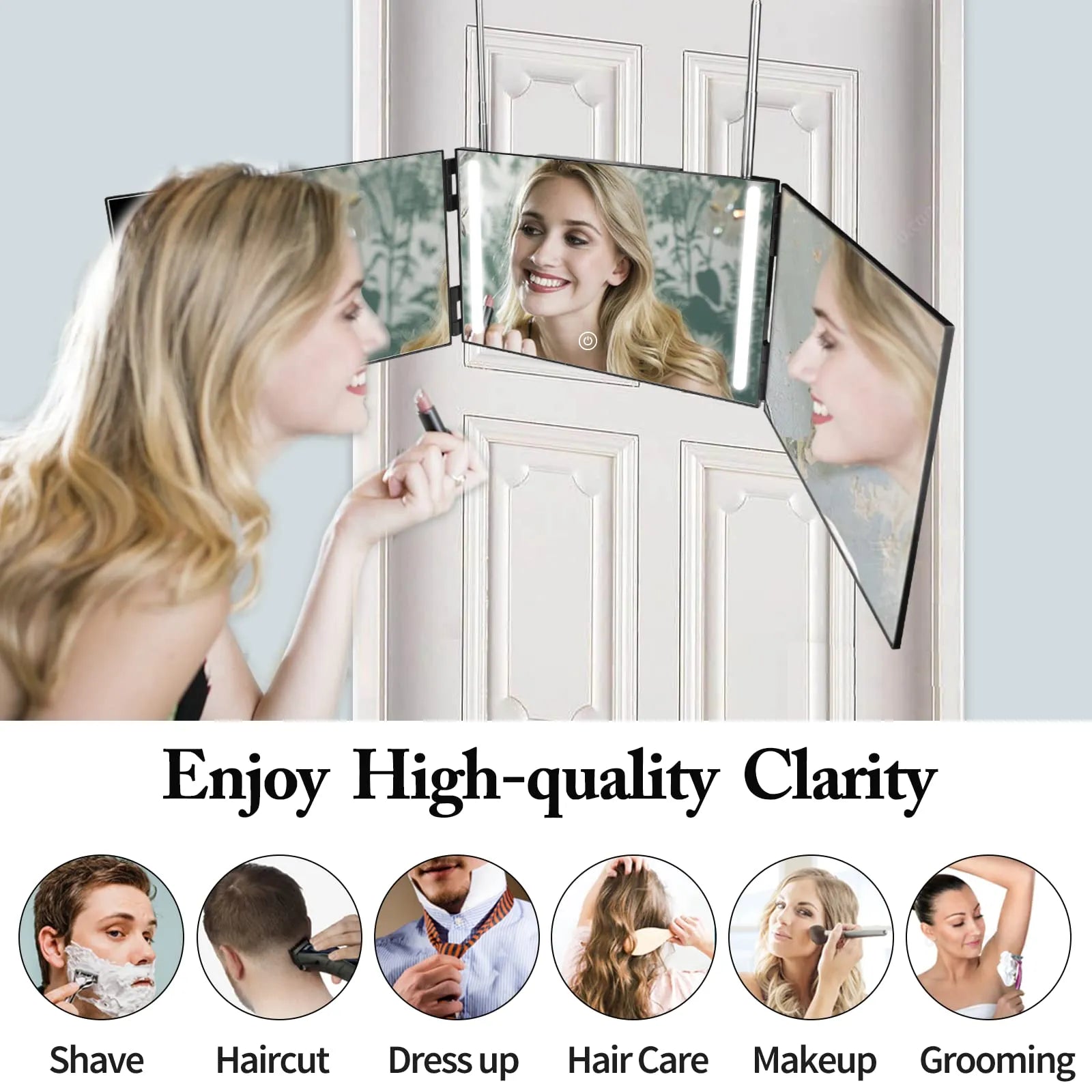 Cosmetic 3 Way Trifold Mirror 360° LED Lights USB Rechargeable & Adjustable-9