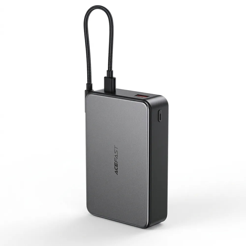 A gray and black portable power bank with a carrying loop, featuring the ACEFAST brand logo on the front, set against a plain white background.