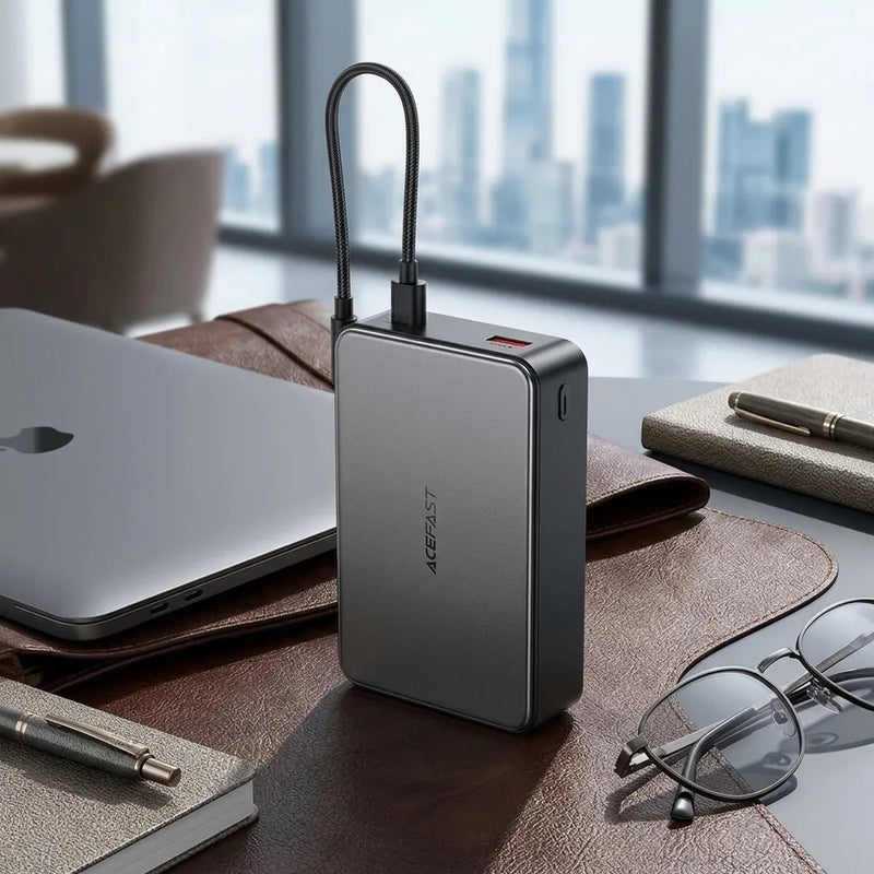 A portable power bank with a black carrying strap stands on a brown leather desk mat on a desk. The background shows a blurred office workspace with a laptop, glasses, and a notebook near a large window with a city skyline view.