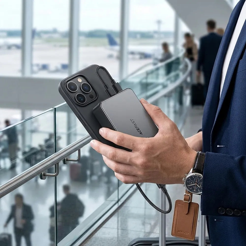 A man in a navy suit holds a black smartphone case with a built-in power bank attachment in an airport terminal. The device has a visible Anker logo on the side, and a charging cable is connected.