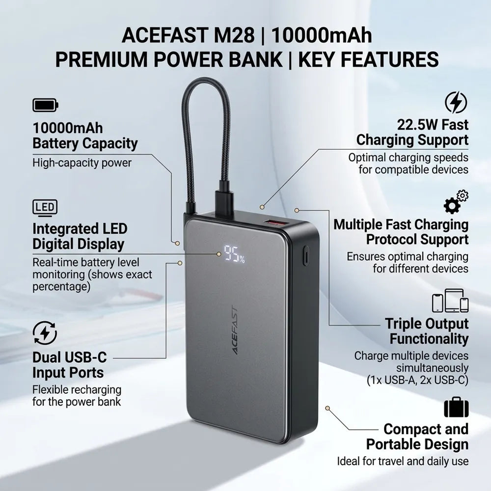 ACEFAST M28 10000mAh premium power bank shown on a light gray background with feature callouts and text. The power bank is dark gray with a black cable attached, LED digital battery display, dual USB-C input ports, and multiple charging feature claims around it.