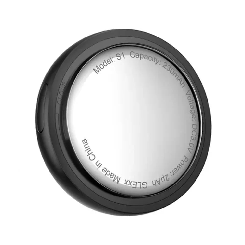 A GLEXX S1 round car battery with a black outer casing and a silver metallic center, shown on a plain white background.