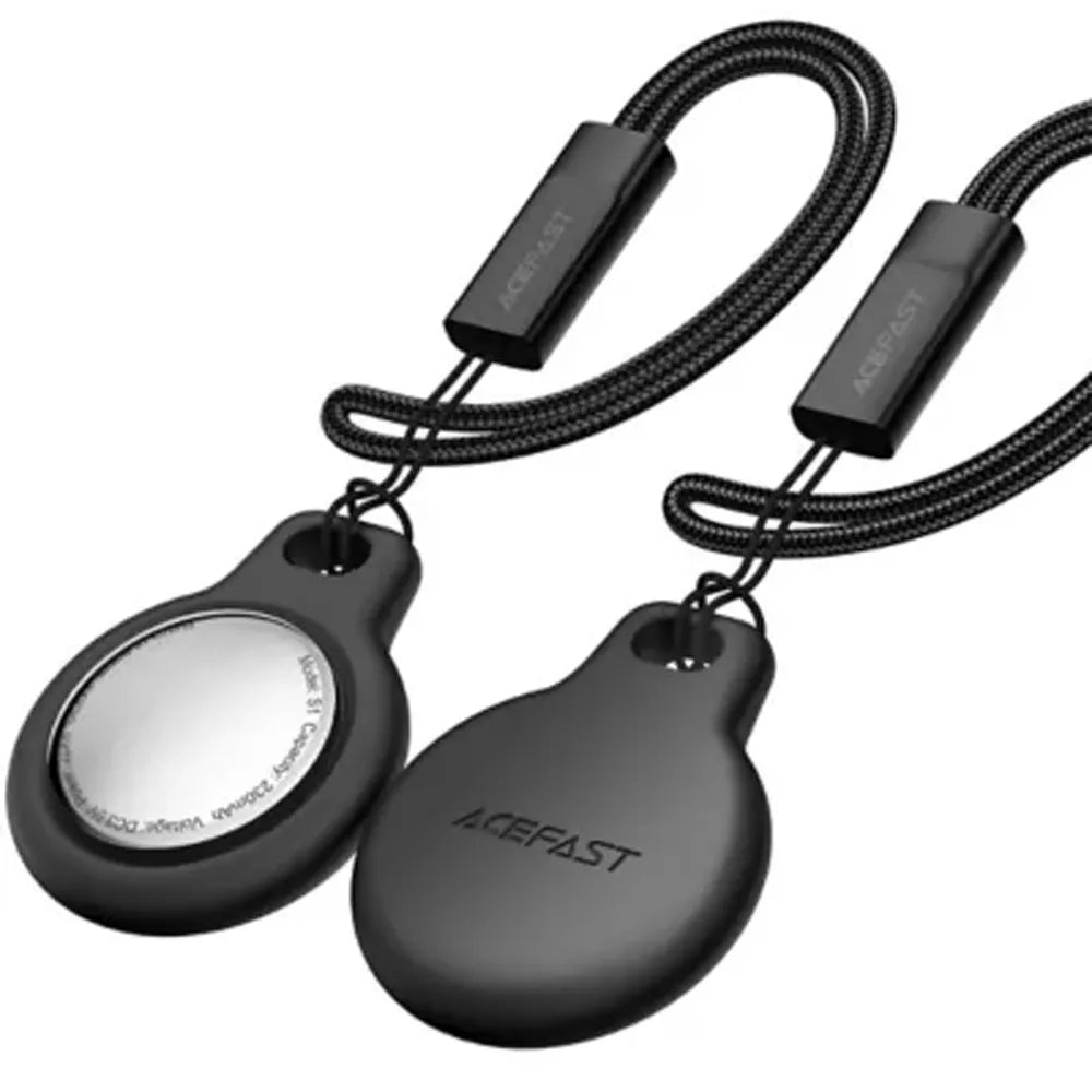 Two black circular key finder tags with braided lanyards, one showing a mirrored reflective side and the other showing a matte black side with the ACEFAST logo, on a white background.