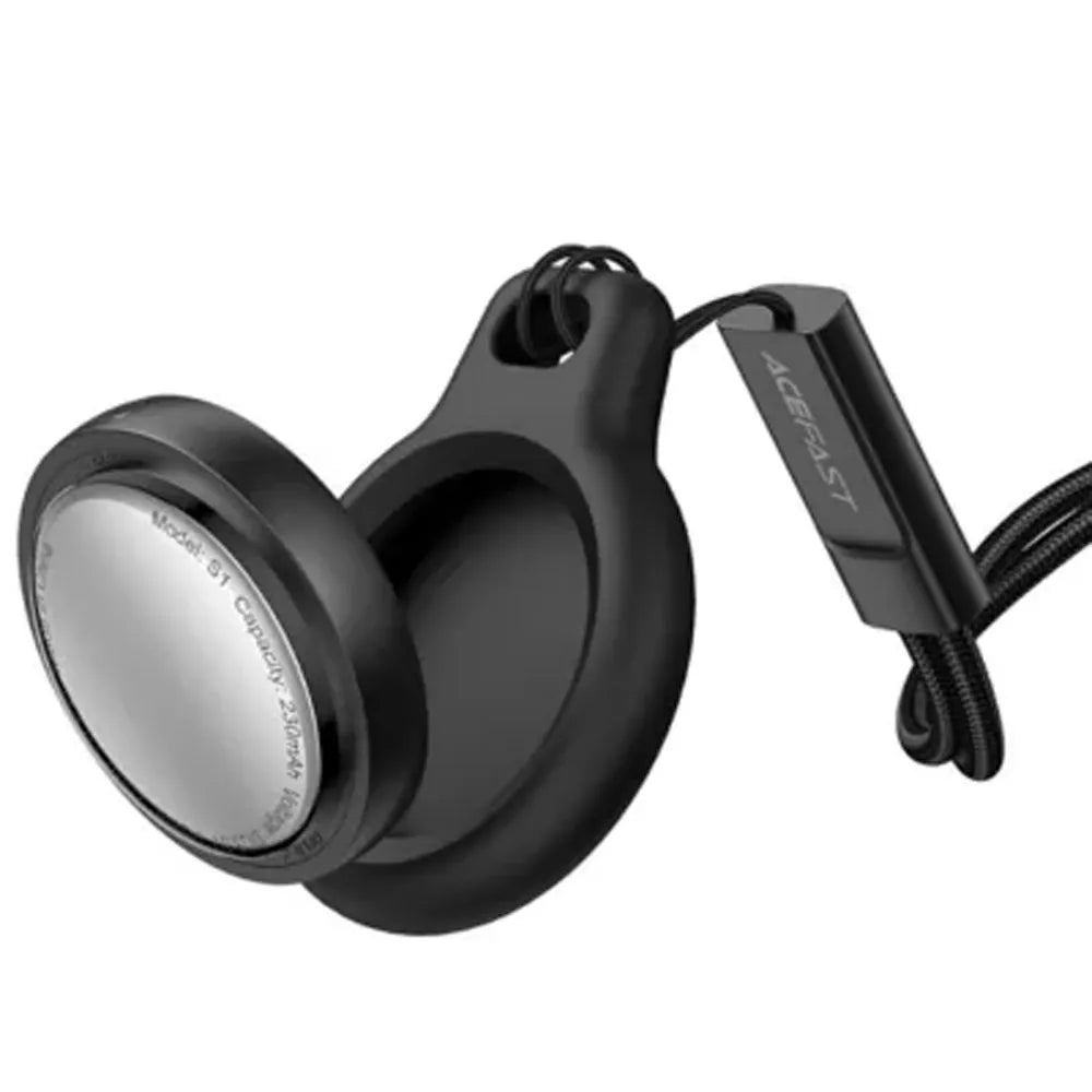 Black earbud with a cable on a white background