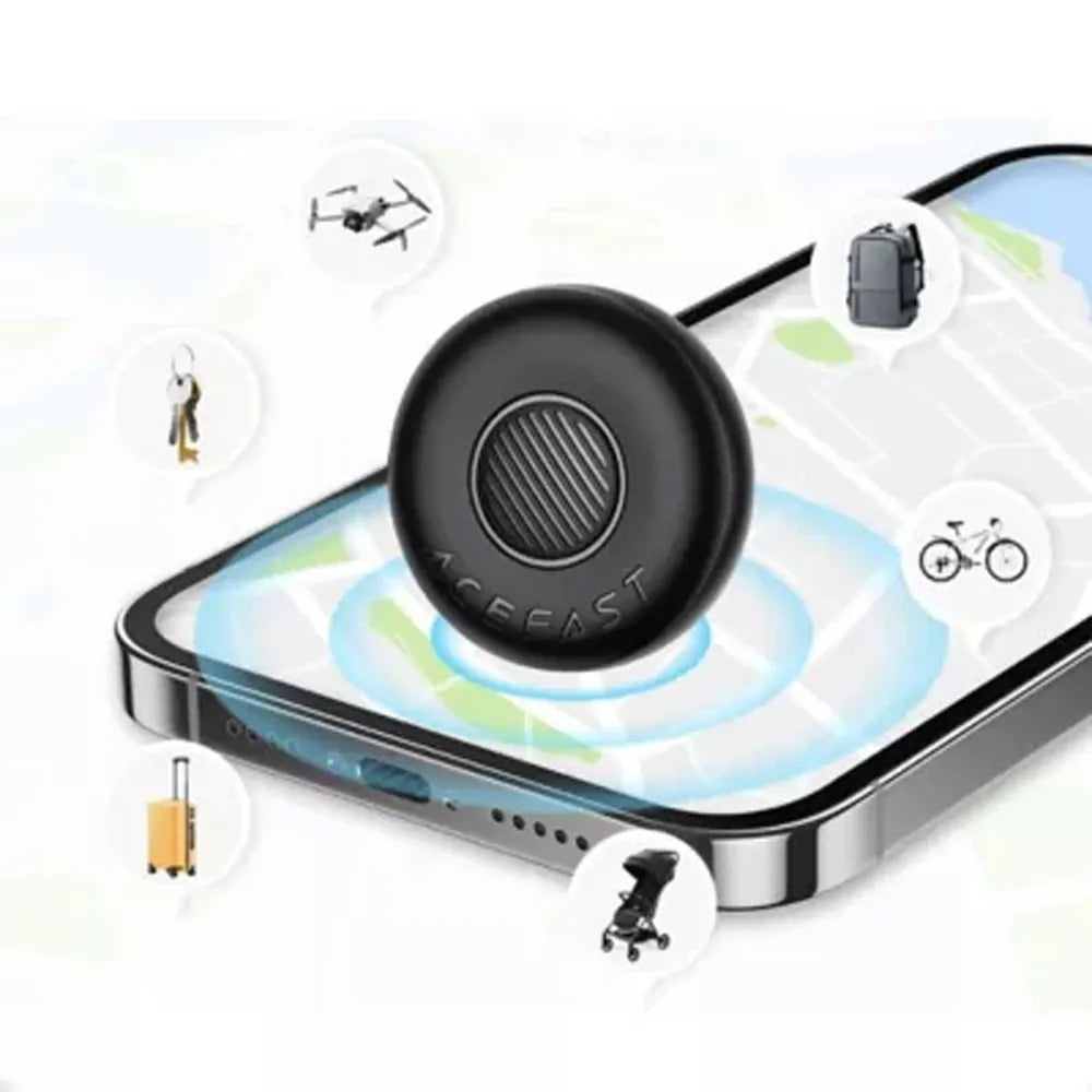 A black circular GPS tracker device labeled 'ACEFAST' floating above a smartphone screen, with illustrated icons around it representing tracked items like a drone, backpack, bicycle, suitcase, and stroller.