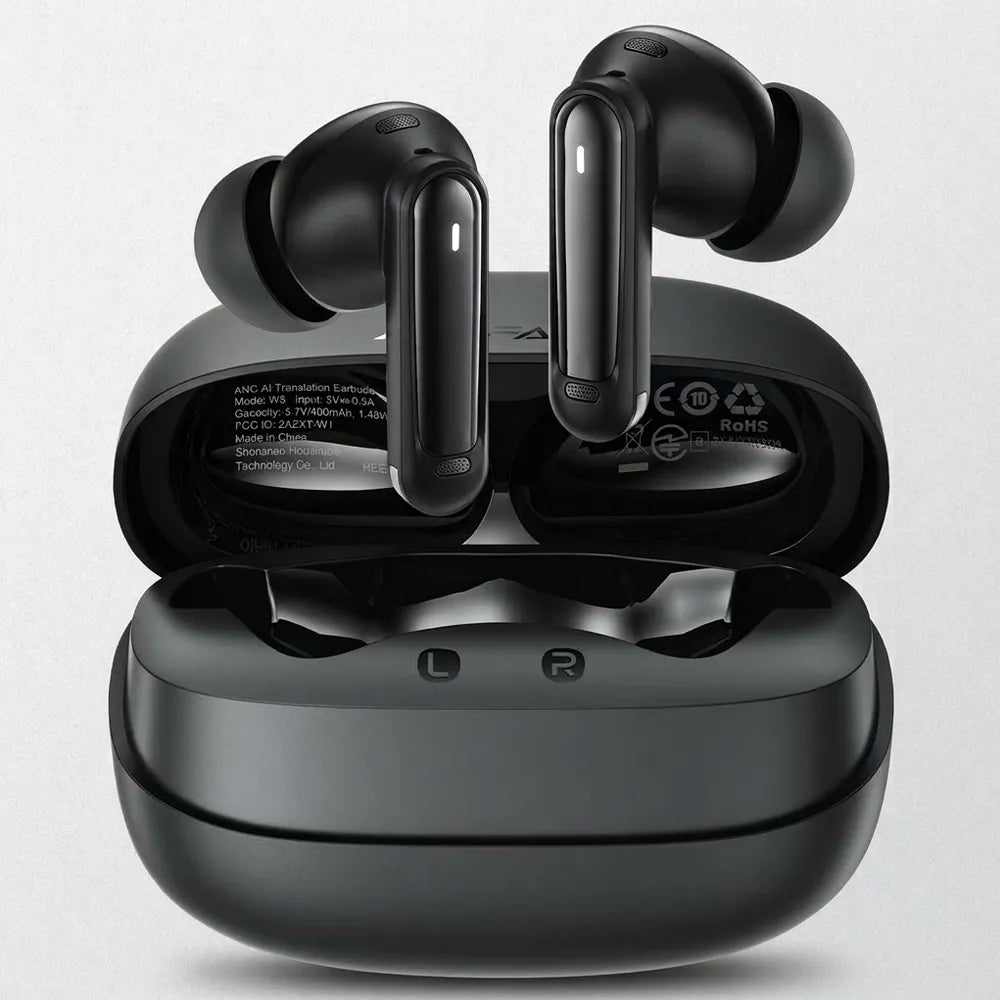 Black true wireless earbuds with an open charging case on a light gray background.