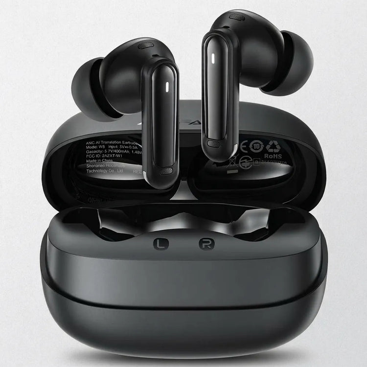 Black true wireless earbuds with an open charging case on a light gray background.