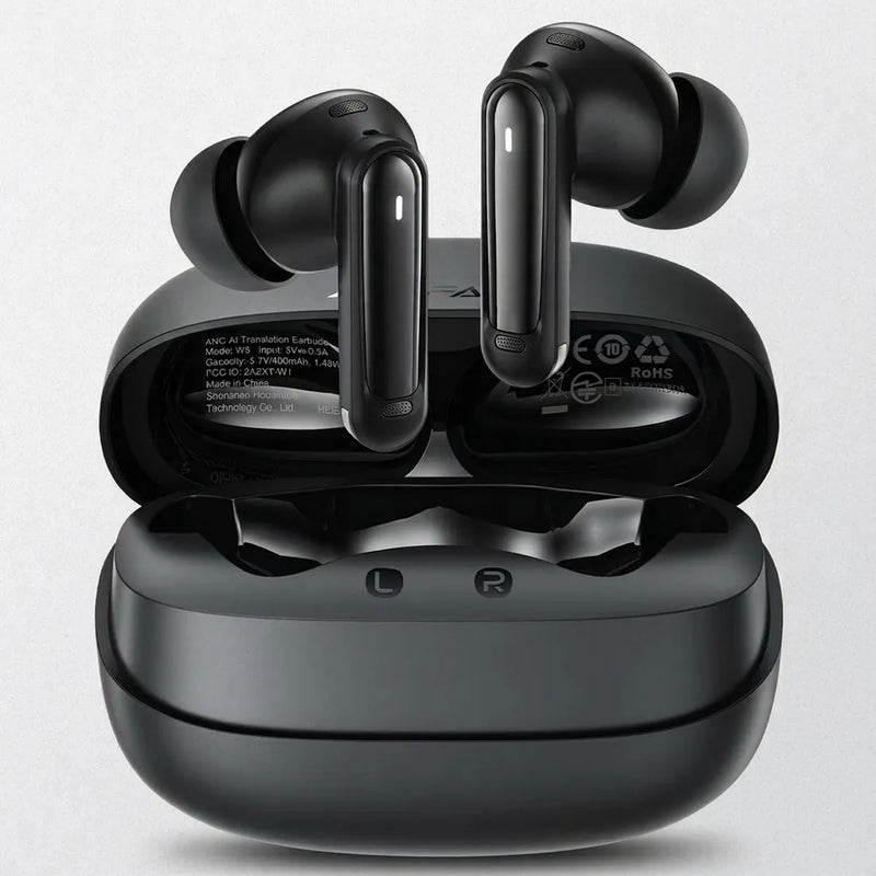 Black true wireless earbuds with an open charging case on a light gray background.