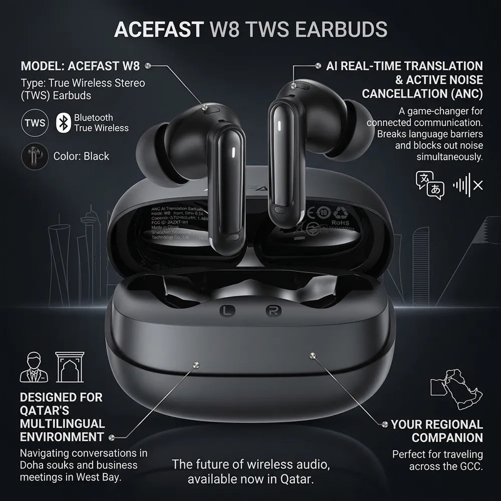 ACEFAST W8 TWS earbuds in black, shown with their charging case on a dark promotional background with feature callouts and text.