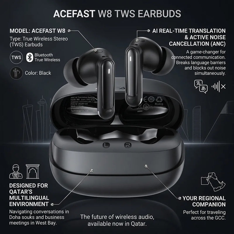 ACEFAST W8 TWS earbuds in black, shown with their charging case on a dark promotional background with feature callouts and text.