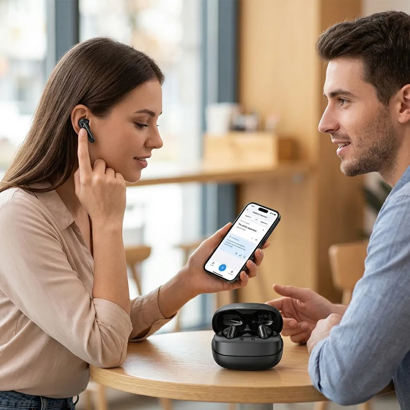 A woman in a cafe setting demonstrates a pair of wireless earbuds, one of which is inserted into her ear while holding a smartphone. An open black charging case sits on the wooden table in front of them, with a man looking on.