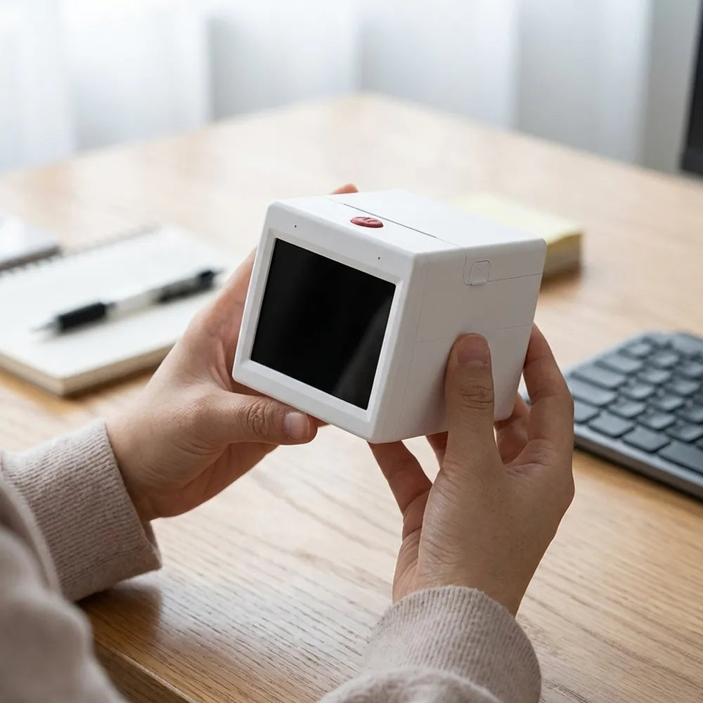 طابعة ملصقات حرارية صغيرة بنظام صوتي ذكي وشاشة عرض LCD - أبيض