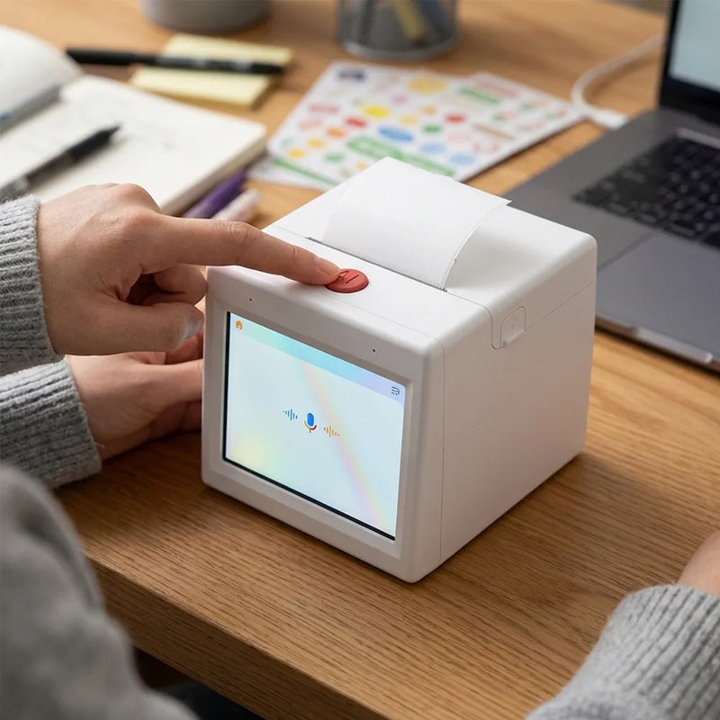 طابعة ملصقات حرارية صغيرة بنظام صوتي ذكي وشاشة عرض LCD - أبيض-6