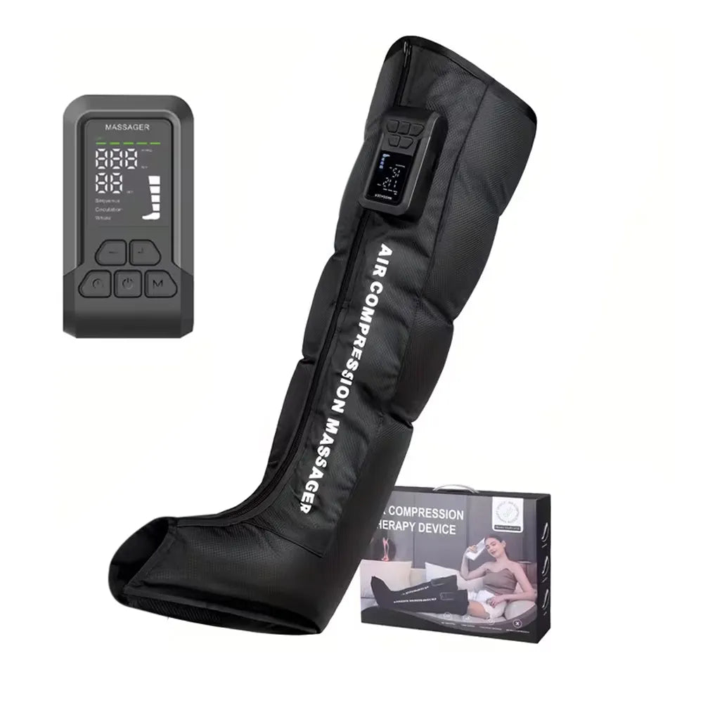 Black thigh compression massage device with a digital control remote and product packaging box, shown on a plain white background.