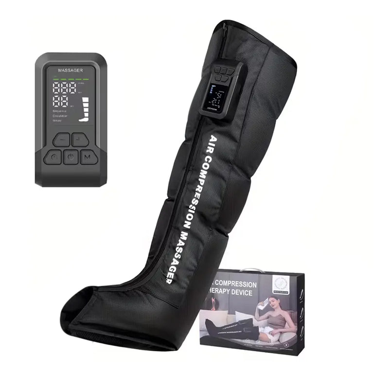 Black thigh compression massage device with a digital control remote and product packaging box, shown on a plain white background.