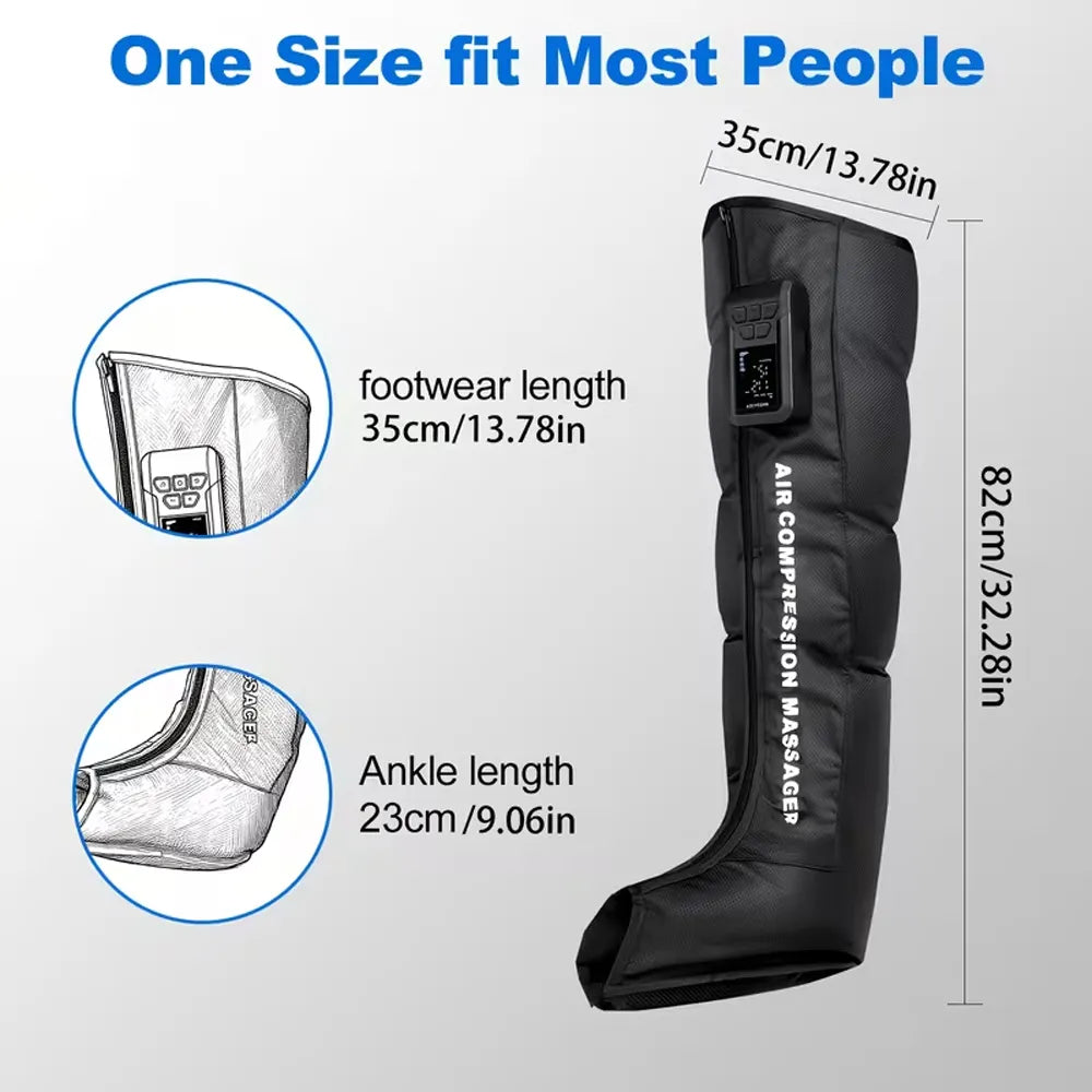 Black air compression massage boot with measurements on a gray background