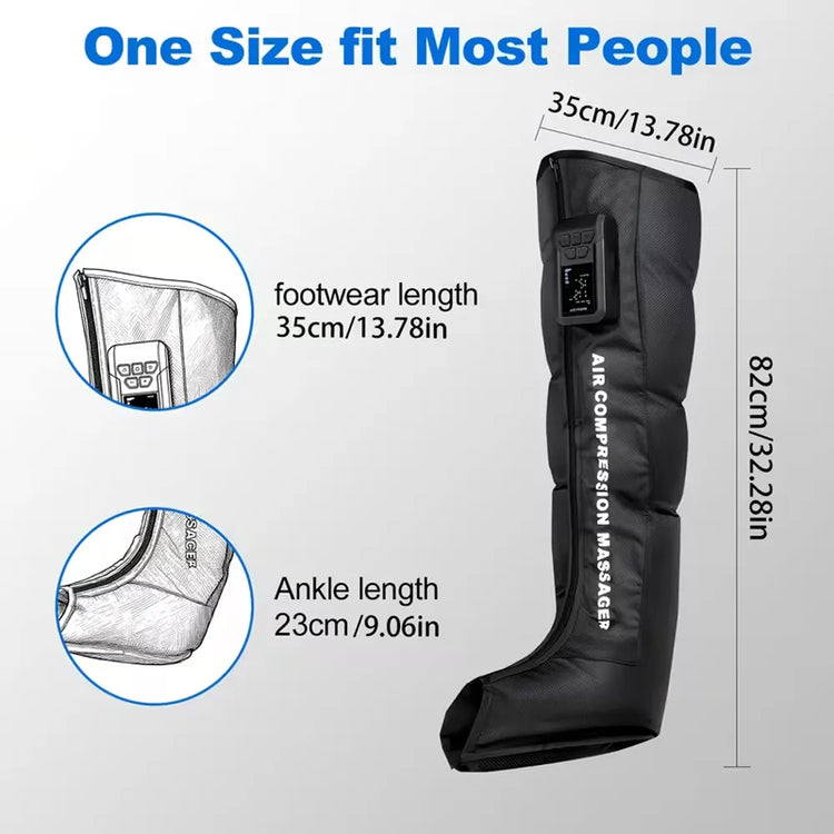 Black air compression massage boot with measurements on a gray background