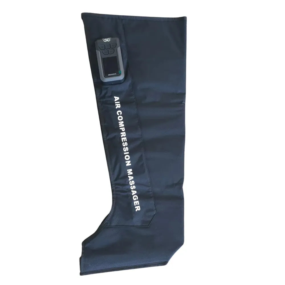 A dark navy blue leg compression massage sleeve with a built-in electronic controller, featuring white vertical text that reads 'AIR COMPRESSION MASSAGER' on a plain white background.