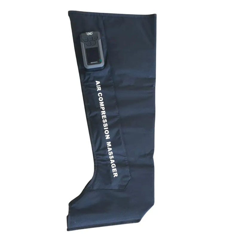 A dark navy blue leg compression massage sleeve with a built-in electronic controller, featuring white vertical text that reads 'AIR COMPRESSION MASSAGER' on a plain white background.