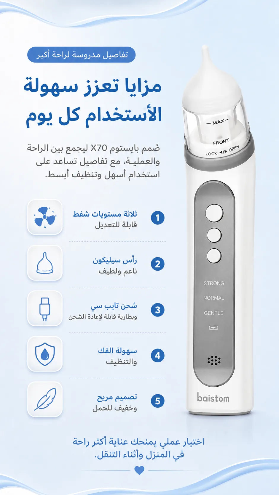 شفاط الأنف Baistom X70 بثلاثة مستويات للشفط، قابل لإعادة الشحن