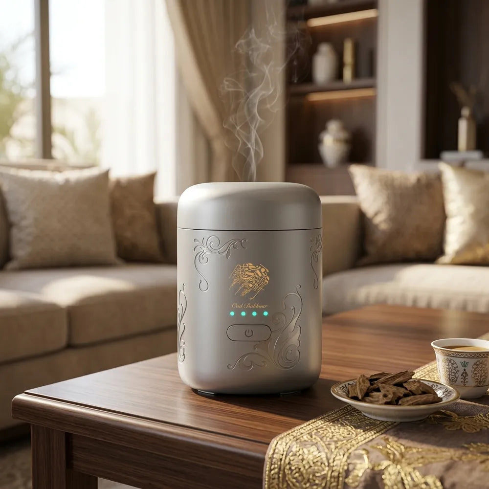 A compact cylindrical humidifier with a frosted light gray body and gold decorative scrollwork, shown on a wooden table in a cozy living room setting with steam rising from the top.