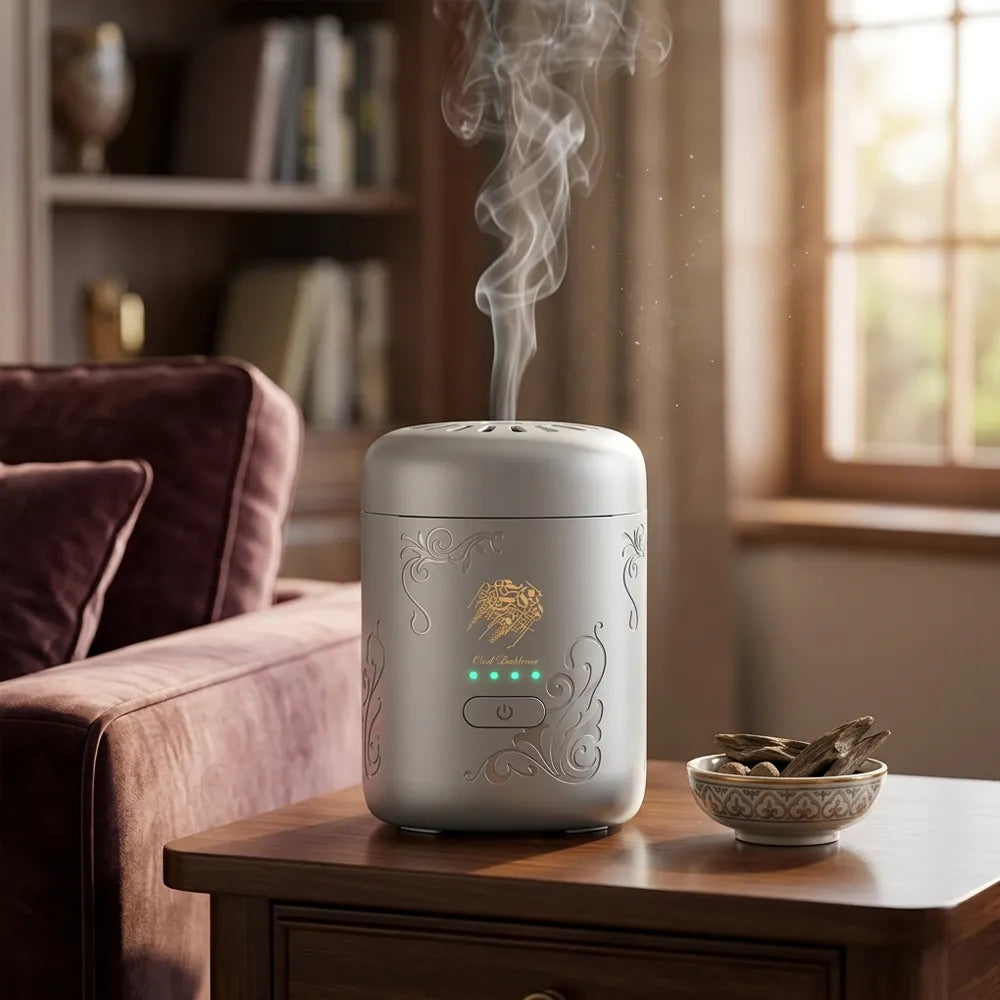 A cylindrical humidifier with a light gray body and gold decorative swirls sits on a wooden table in a cozy living room, emitting a visible wisp of steam. A small bowl is beside it, with a blurred sofa and window in the background.