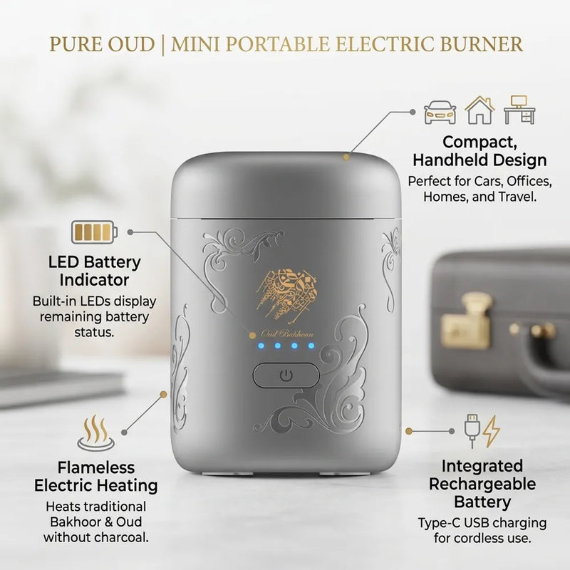 A portable electric burner device in metallic silver with embossed floral patterns and a lion emblem, shown with callout text and icons explaining features like LED battery indicator, flameless heating, rechargeable battery, and compact handheld design.