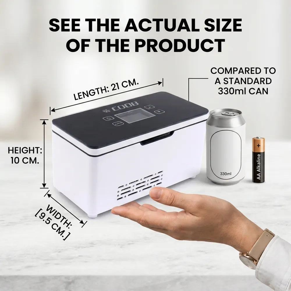 A white and black rectangular device with measurement callouts and text comparing its size to a 330ml can, shown on a light marble surface with a hand reaching toward it. Visible text includes 'SEE THE ACTUAL SIZE OF THE PRODUCT' and dimensions for length, height, and width.