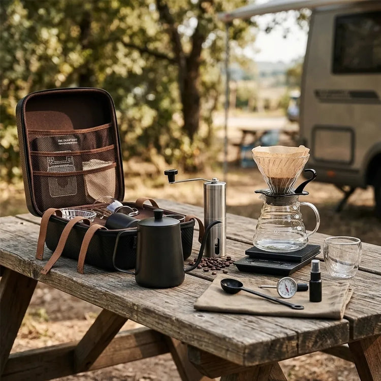 طقم تحضير القهوة DENX V60 DX2573 – طقم تحضير قهوة محمول مكون من 15 قطعة مع غلاية من الفولاذ المقاوم للصدأ سعة 600 مل، وكأس زجاجي، ومطحنة يدوية