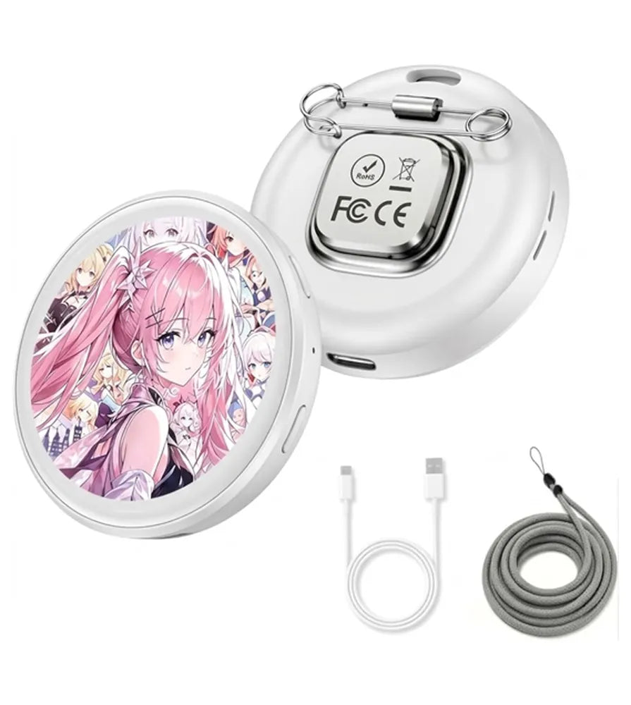 A white round portable power bank shown open and closed, with an anime-style pink-haired character printed on the inside of the lid. A metal clip is attached to the top, and the image also shows a white USB cable and a gray wrist strap on a plain white background.