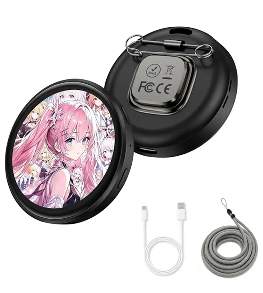 A black round wireless earbud charging case shown open, with the front lid featuring a pink anime character print and the back lid showing a metal charging contact plate with FC/CE markings. A white USB cable and a gray charging cable are included on a plain white background.