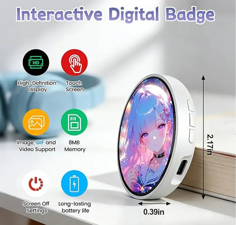 An oval white electronic badge with a colorful anime-style screen display, shown on a tabletop with overlaid feature icons and dimension labels. The text at the top reads 'Interactive Digital Badge.