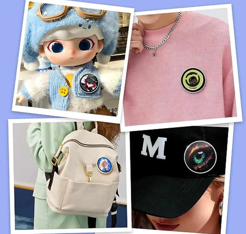 A collage of four lifestyle photos showcasing circular embroidered patches. The top-left photo shows a blue plush doll wearing a patch with a cartoon character.