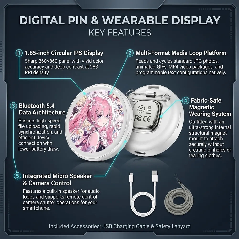 A promotional feature graphic for a digital pin and wearable display device. The layout shows the round device with an illustrated pink-haired character on the front, a USB charging cable, and a gray wearable loop accessory, with callout lines listing features such as a 1.