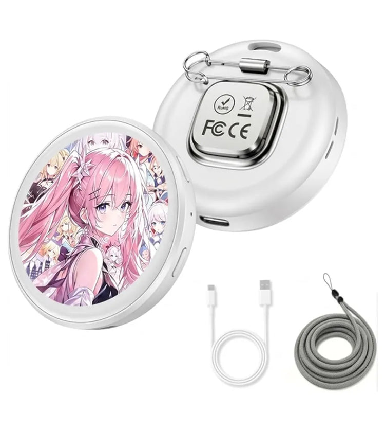 A white round portable power bank shown open and closed, with an anime-style pink-haired character printed on the inside of the lid. A metal clip is attached to the top, and the image also shows a white USB cable and a gray wrist strap on a plain white background.