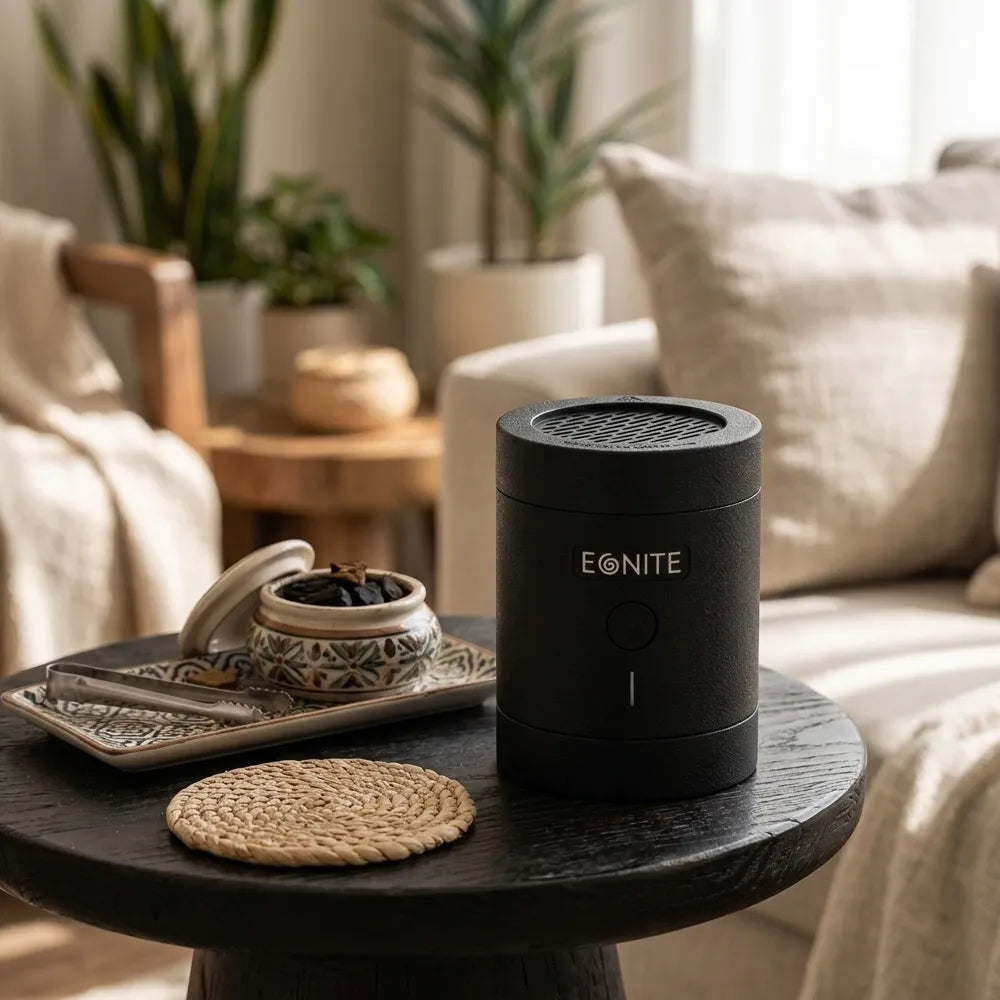 A black cylindrical portable speaker with the brand name EONITE on the front, placed on a dark wooden side table in a cozy, softly lit living room setting.