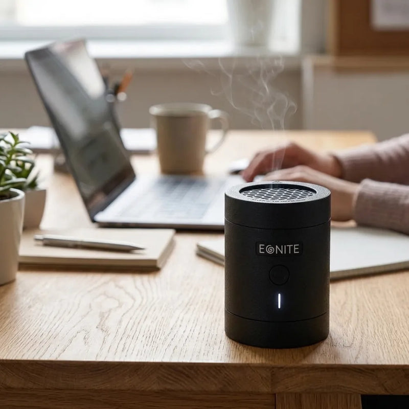A black EONITE humidifier sitting on a wooden desk, emitting a visible plume of steam. The background shows a blurred home office environment with a laptop, a mug, and a person's hands resting on the desk.