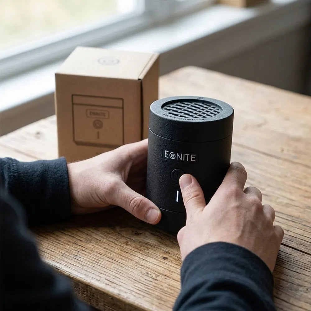 A person holds a black cylindrical EONITE speaker on a rustic wooden table, with its brown cardboard packaging box in the background near a window.