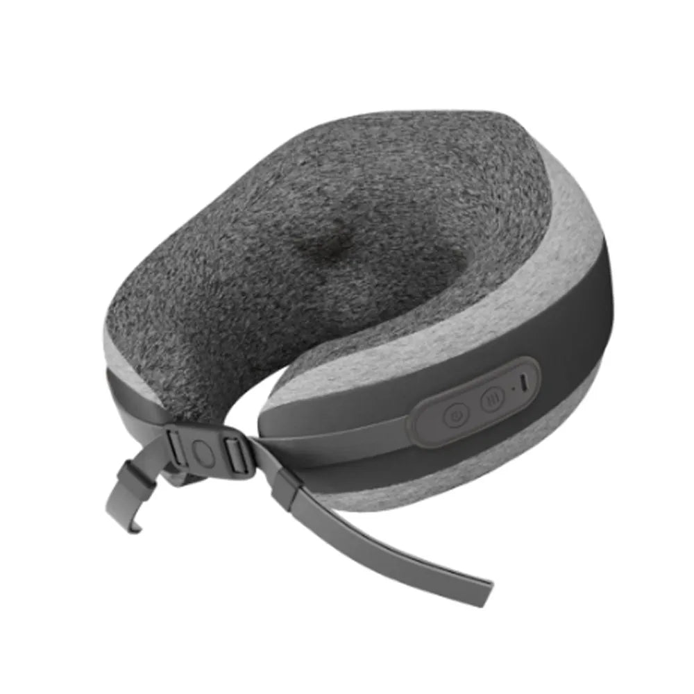 A gray and black travel neck pillow with a textured fabric interior, a side strap with a buckle, and a control panel with three buttons on the side, shown on a plain white background.
