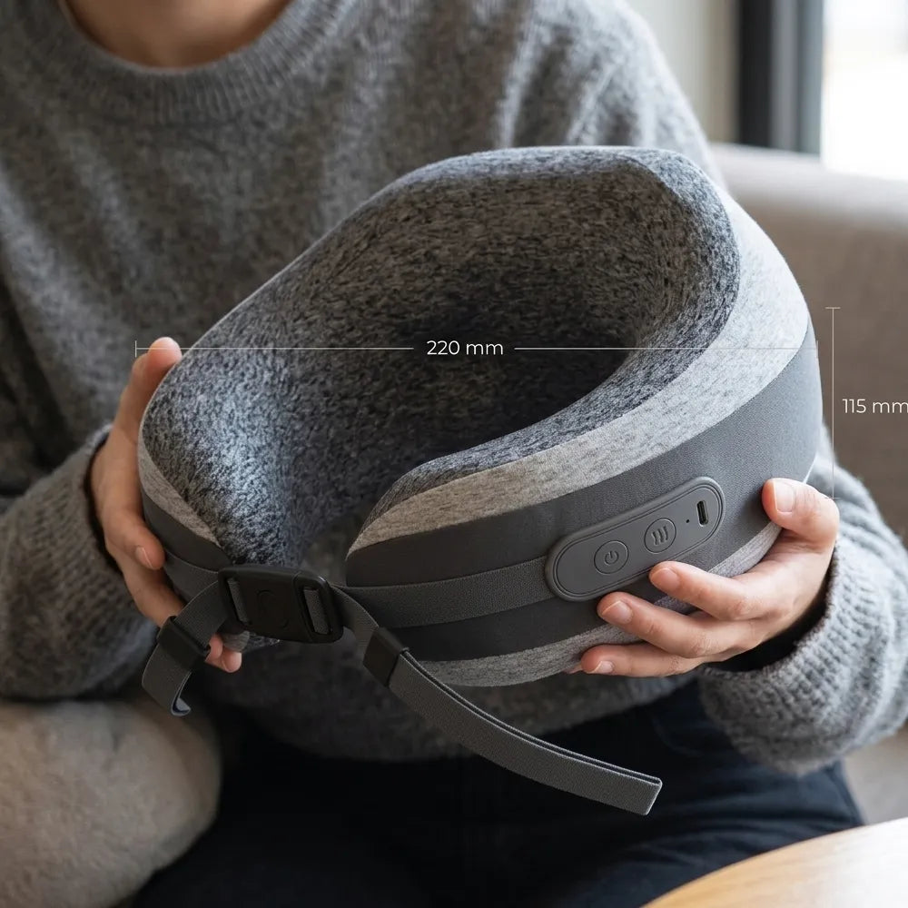 A person in a gray sweater holds a gray and black neck pillow with overlaid dimension lines showing 220 mm width and 115 mm height.