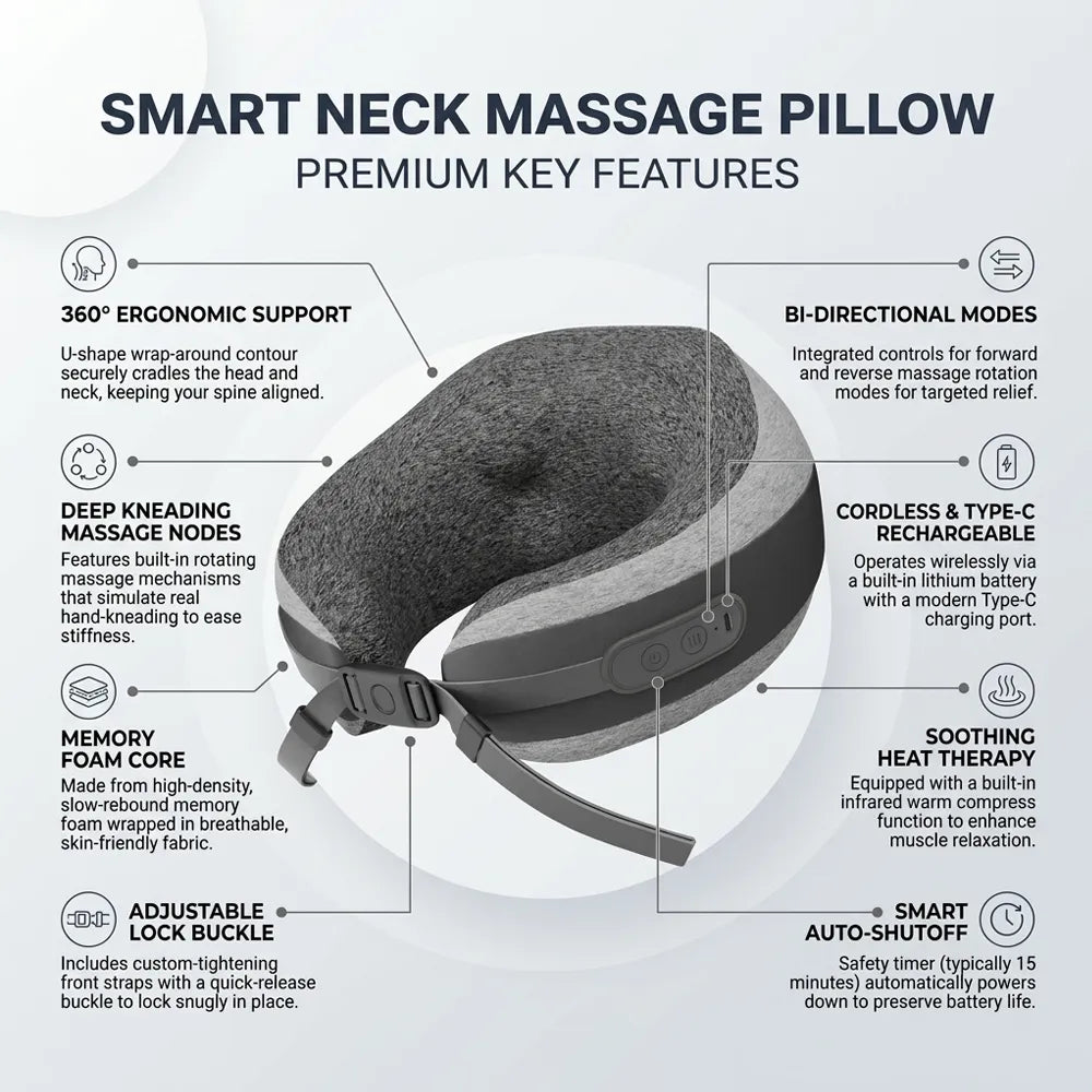 An infographic detailing the key features of a smart neck massage pillow, including ergonomic support, deep kneading massage nodes, memory foam core, adjustable lock buckle, bi-directional modes, cordless rechargeable design, and smart auto-shutoff.