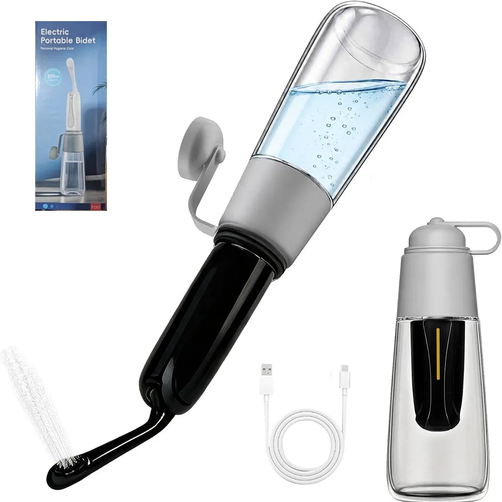 Electric portable bidet toilet kit shown on a white background, including the main handheld device with a clear water reservoir, black nozzle, attached hose, charging cable, and a smaller water bottle. A small inset shows the product packaging labeled 'Electric Portable Bidet'.