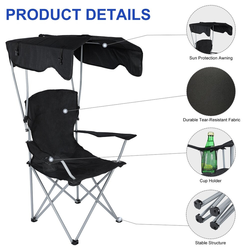 Portable Camping Chair with Canopy - Folding Chair with Canopy, Durable 600D Oxford Canopy Chair for Camping, Beach, Picnics, Fishing & Sports - black